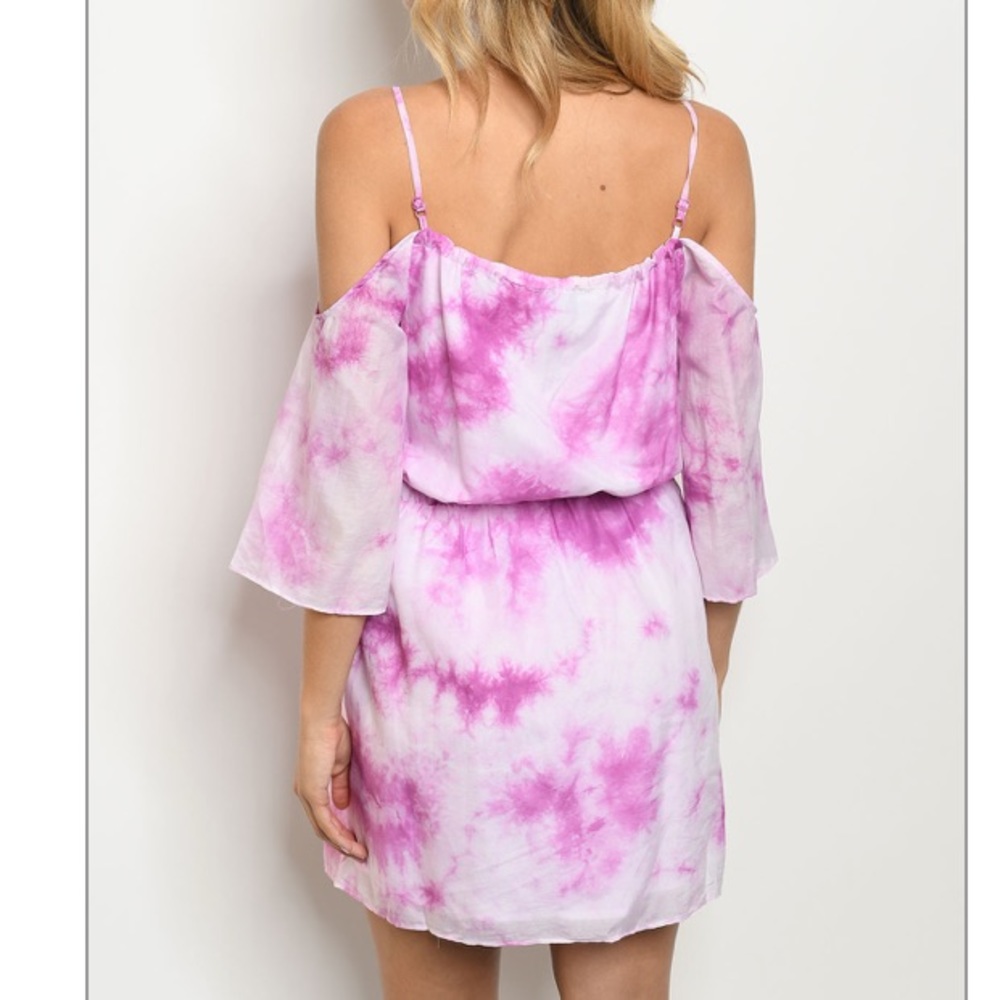 Magenta & white 3/4 cold-shoulder tie dye dress, sz XS - Picture 2 of 8